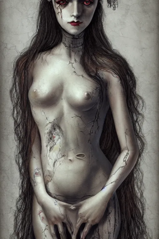 Prompt: portrait of beautiful young gothic maiden, warhammer, a lot of scars, the middle ages, highly detailed, artstation, illustration, art by max ernst, 8 k quality