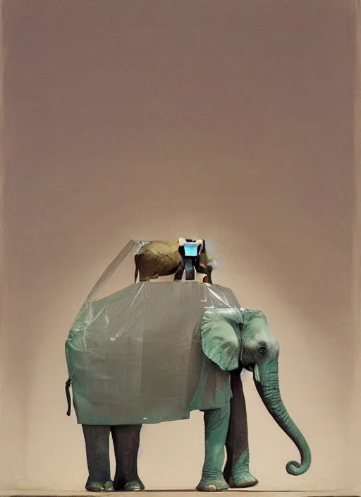 Image similar to elephant in a translucent dress made from plastic bag with paper bags for clothes standing inside paper bags with paper bag over the head at store display Edward Hopper and James Gilleard, Zdzislaw Beksinski, highly detailed