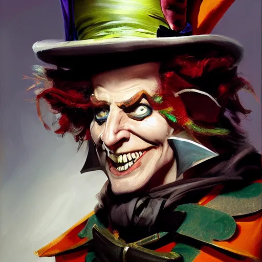 Prompt: greg manchess portrait painting of partially armored mad hatter from alice in wonderland as overwatch character, wacky, medium shot, asymmetrical, profile picture, organic painting, sunny day, matte painting, bold shapes, hard edges, street art, trending on artstation, by huang guangjian and gil elvgren and jesper ejsing