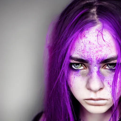 Prompt: detailed photo portrait of a furious teen girl with thin, hair-like purple tentacles on her head and bright purple eyes, 8k, trending on DeviantArt, face enhance,hyper detailed ,full of colour, dramatic lightning