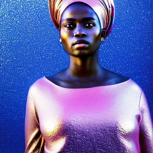Prompt: portrait of african woman, iridescent metallic face, mercury, mirror reflections, smooth, liquid metal, proud, looking away, outdoor, blue sky, fashion advertising campaign, 8 k, realistic, depth of field, highly detailed, award winning photography, by richard mosse