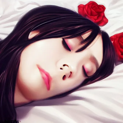 Image similar to realistic detailed semirealism beautiful gorgeous cute Blackpink Lalisa Manoban sleeping, black hair black cat ears, black leather choker, proportional body, WLOP, Aztodio, Taejune Kim, sakimichan, ArtGerm, Pixiv, Instagram, Artstation