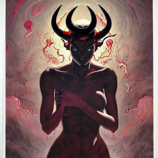 Prompt: prompt : devil women with horns soft light painted by james jean and katsuhiro otomo and erik jones, inspired by akira anime, smooth face feature, intricate oil painting, high detail illustration, sharp high detail, manga and anime 1 9 9 9