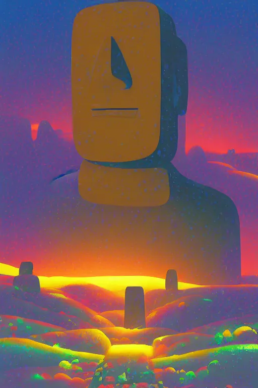 Prompt: moai statue geometric digital illustration cartoon colorful beeple, by thomas kinkade clean sunshine rays thunderstorm