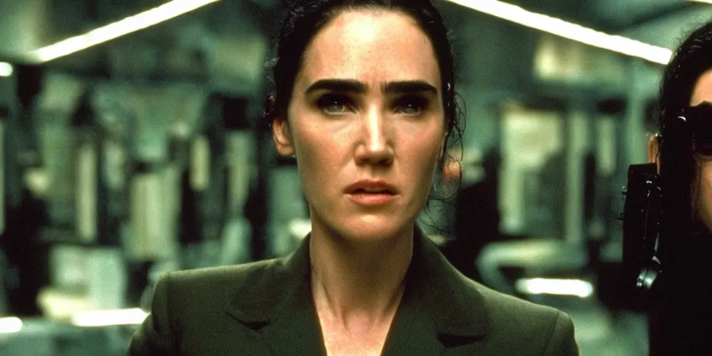 Image similar to jennifer connelly in matrix, cinema, still from movie, action, blu ray, 4 k, strong acting