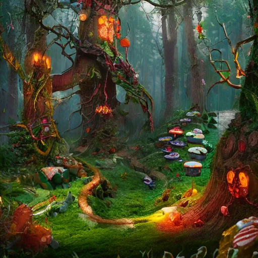 Prompt: A fantasy forest, made out of sweets, mcdonalds, matte painting, Hyperdetailed, artstation, cgsociety, 8k