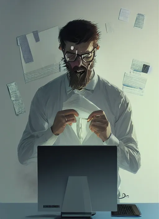 Prompt: portrait of stressed employee in front of computer, and so many paper, tired, exhausted, highly detailed, digital painting, concept art, smooth, sharp focus, illustration, art by greg rutkowski