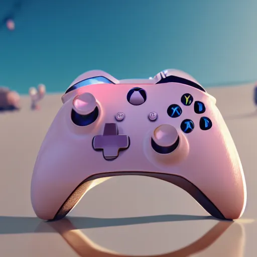 Image similar to Render of a beautiful 3d anime Xbox controller, long pink hair, hazel eyes, cute freckles, full round face, soft smile, cute sundress, golden hour, serene beach setting, medium shot, mid-shot, hyperdetailed, trending on Artstation, Unreal Engine 4k