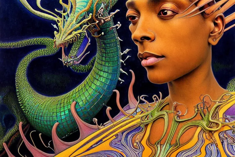 Prompt: realistic extremely detailed closeup portrait painting of a beautiful black woman wearing futuristic dress, mutant dragon on background by Jean Delville, Amano, Yves Tanguy, Alphonse Mucha, Ernst Haeckel, Edward Robert Hughes, Roger Dean, rich moody colours