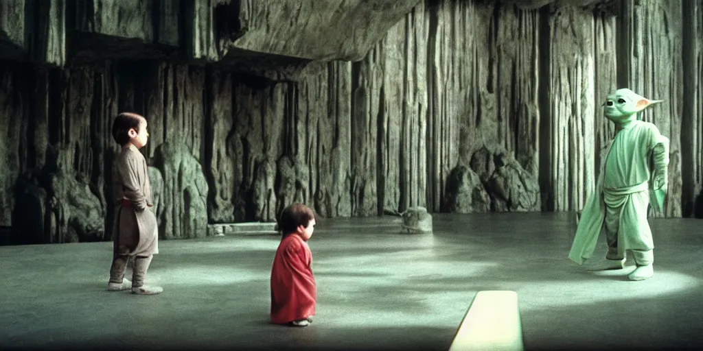 Image similar to screenshot of Luke Skywalker teaching baby yoda Grogu in a Jedi Temple, 1970s thriller by Stanely Kubrick film, color kodak, ektochrome, anamorphic lenses, detailed faces, moody cinematography