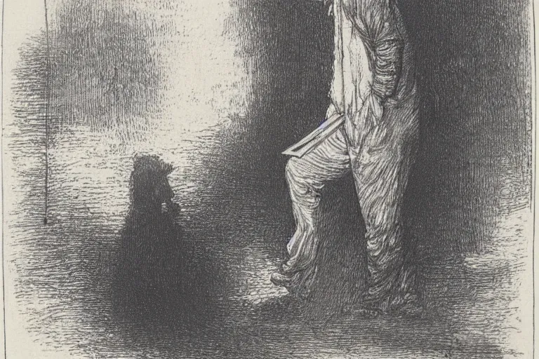 Prompt: man wearing paper bag smoking a blunt, Gustave Dore lithography