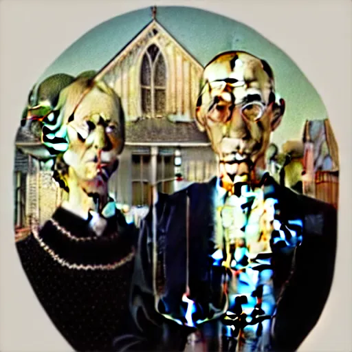 Image similar to many versions of the american gothic painting in styles of different famous painters on a wall