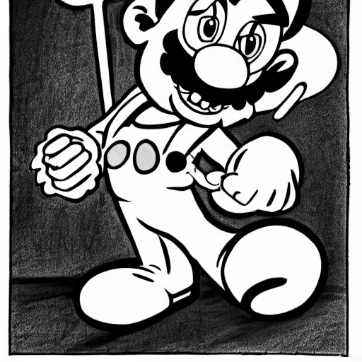 Image similar to a Pop Wonder scary horror themed goofy-hilarious-character MarioWarioWaluigi, dime-store-comic drawn with charcoal and pen and ink, half-tone-line-stacking