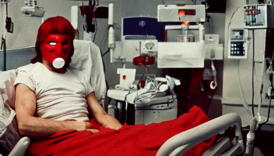 Image similar to 70s movie still of a man with red mask in hospital, eastmancolor, heavy grain, high quality, higly detailed, liminal space