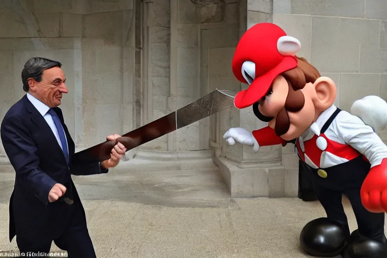 Image similar to sword fight between Mario Draghi and Masha and the Bear