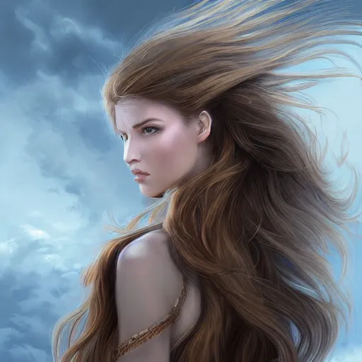 Image similar to A portrait of an attractive young female wind angel, beautiful long windy hair, wearing tumultus clouds, intricate, highly detailed, elegant, digital painting, trending on artstation