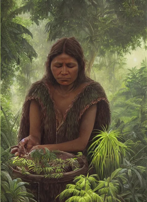 Prompt: a beautiful close up portrait of an indigenous woman preparing plant medicines in the jungle, highly detailed, art by christophe vacher