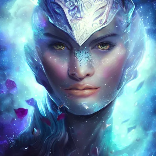 Image similar to Very very very very highly detailed mystic, enigmatic, strange portrait of a phantom warrior with galaxy, roses, shark's teeth by Artgerm, intricate, extremely detailed, digital painting, artstation, concept art, smooth, sharp focus, illustration, intimidating lighting, incredible art,