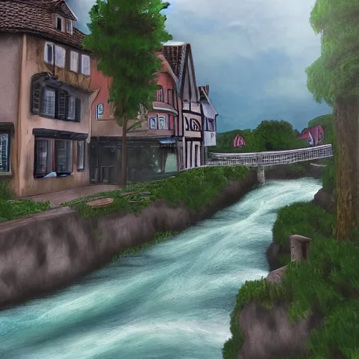 Image similar to digital art painting of a river running through a european town, very mediocre, not detailed at all.