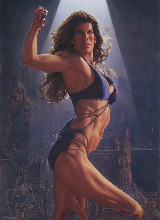 Image similar to Sandra Bullock (1990) as a muscled heroine staring into the camera, torch shadows, foggy night, intricate, elegant, highly detailed, Donato Giancola, Joseph Christian Leyendecker, WLOP, Boris Vallejo, Artgerm