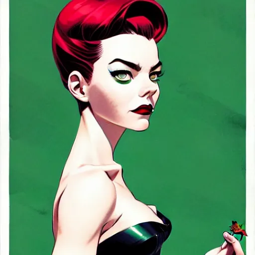 Image similar to joshua middleton, phil noto, artgerm, 1 9 5 0 s rockabilly emma stone poison ivy dc comics, pompadour, vines, symmetrical eyes, city rooftop