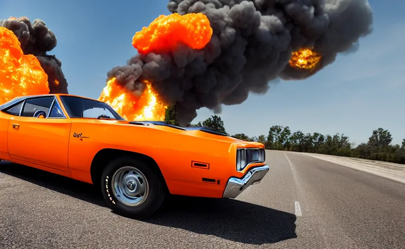 Image similar to a orange 1 9 7 0 plymouth road runner superbird driving high speed, fire explosion in the background, action scen. blue sky realistic. high resolution. dramatic