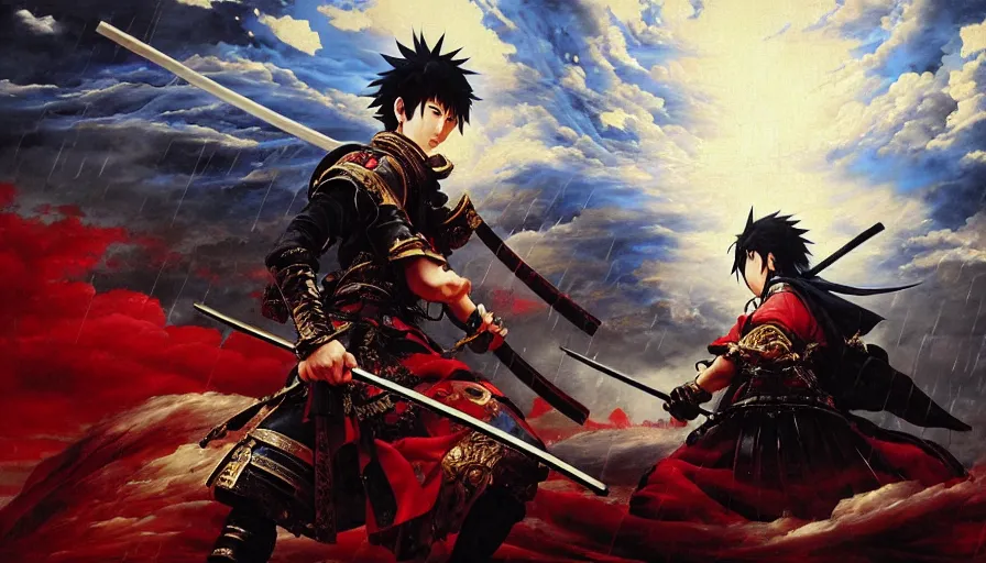 Image similar to baroque oil painting of key visual great samurai war, many warriors, rain, romantic, storm, final fantasy, akira kurosawa, fake detail, trending pixiv fanbox, acrylic palette knife, style of makoto shinkai takashi takeuchi yoshiyuki sadamoto greg rutkowski chiho aoshima, artstation, manga