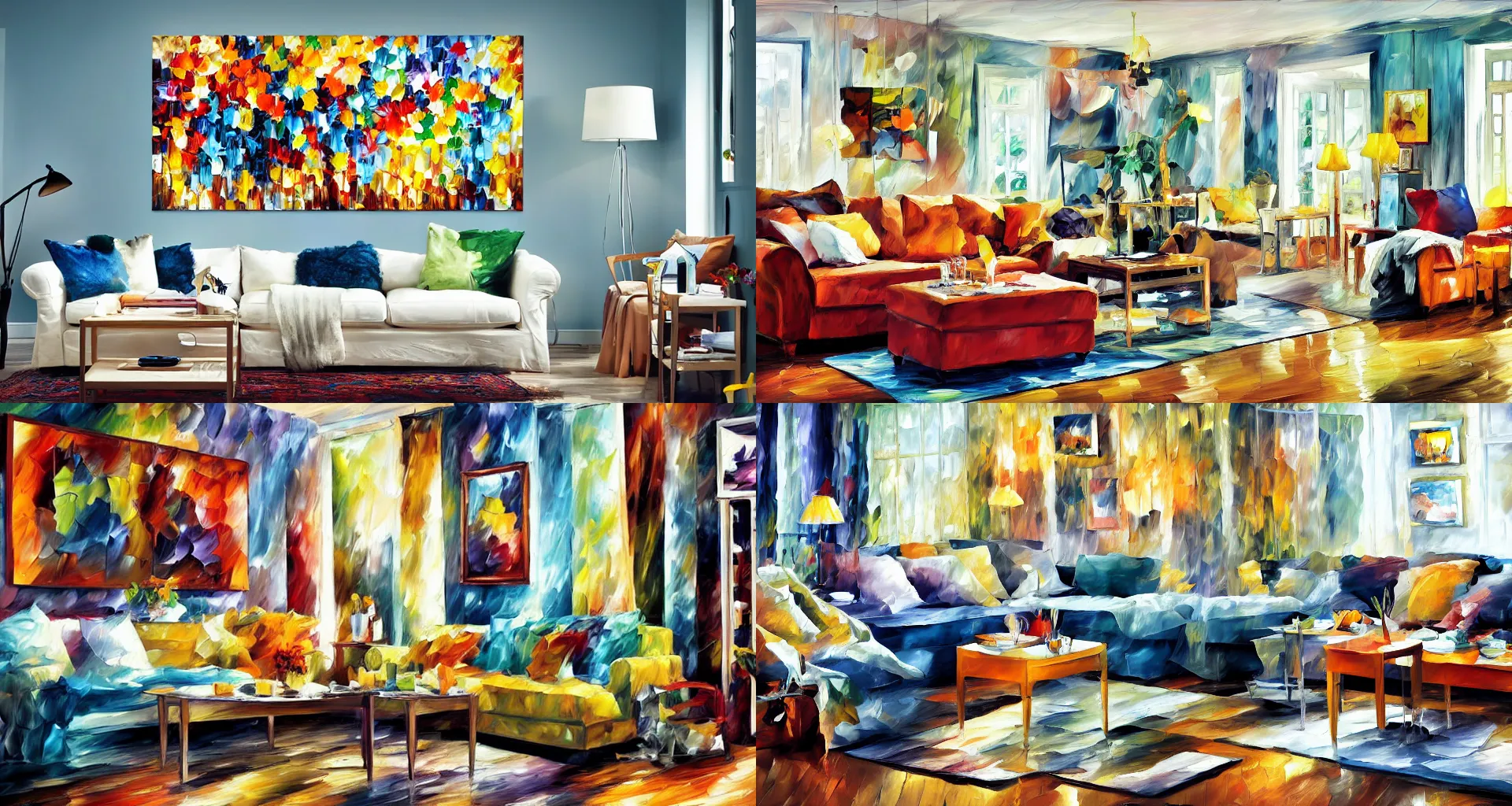 Prompt: IKEA catalogue photo of a living room, by Leonid Afremov