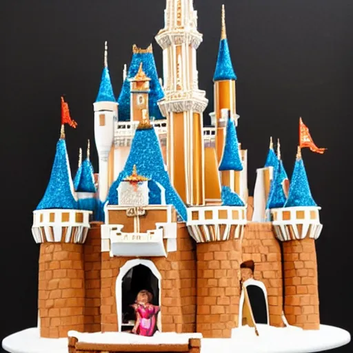 Image similar to life sized disney world castle as a gingerbread house.