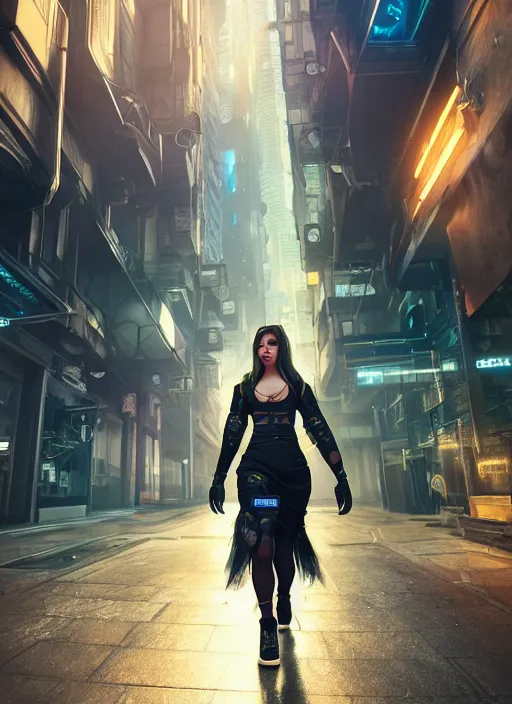 Image similar to photo of a beautiful woman walking through a cyberpunk city, full body, hyper realistic, 8 k, dslr, unreal engine, highly detailed, science fiction portrait by laura sava