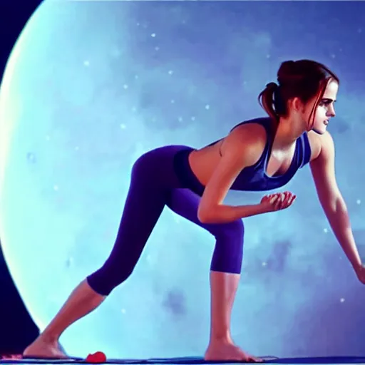 Image similar to emma watson as yoga instructor in space, trending high quality art station, cinematic shot, magical colors and atmosphere, perfect composition, coherent, realistic, professional 8 k