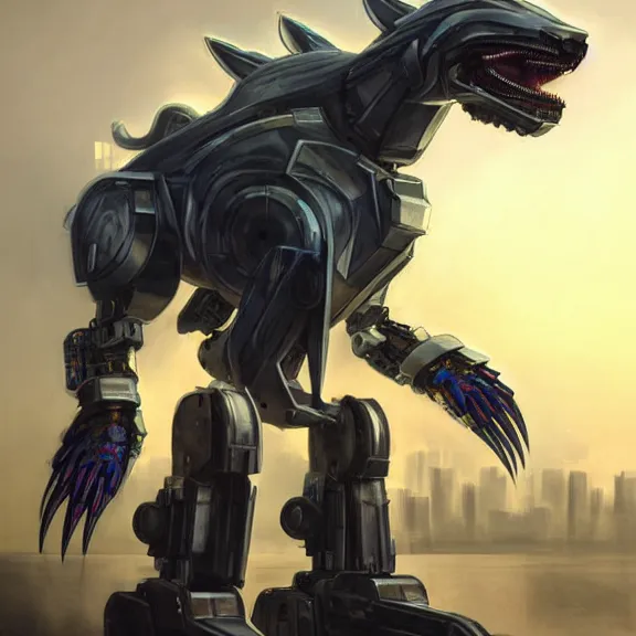 Image similar to hyper realistic, epic, highly detailed cinematic full body shot of a gigantic feral mecha canine, sharp metal claws, cannon mounted on back, sleek armor, glowing visor, destroying city, digital art, furry art, macro art, dragon art, furaffinity, deviantart, sofurry