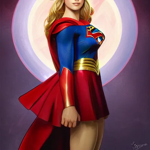 Image similar to Portrait of Supergirl, DC Super Hero Girls, blue eyes, intricate, elegant, highly detailed, digital painting, artstation, concept art, smooth, sharp focus, illustration, art by artgerm and greg rutkowski and alphonse mucha