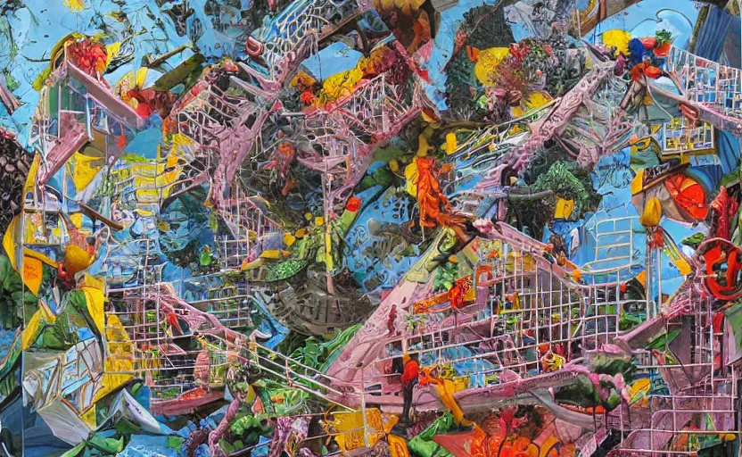 Image similar to chutes and ladders. detailed abstract acrylic painting by bordalo ii, by mc escher, by raqib shaw, japanese popsurrealism,