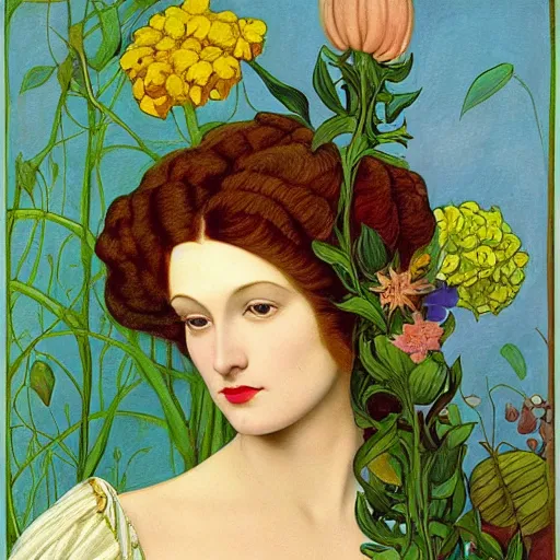 Image similar to a painting of a woman with flowers in her hair, an art deco painting by leo and diane dillon, behance, pre - raphaelitism, pre - raphaelite, fauvism, androgynous