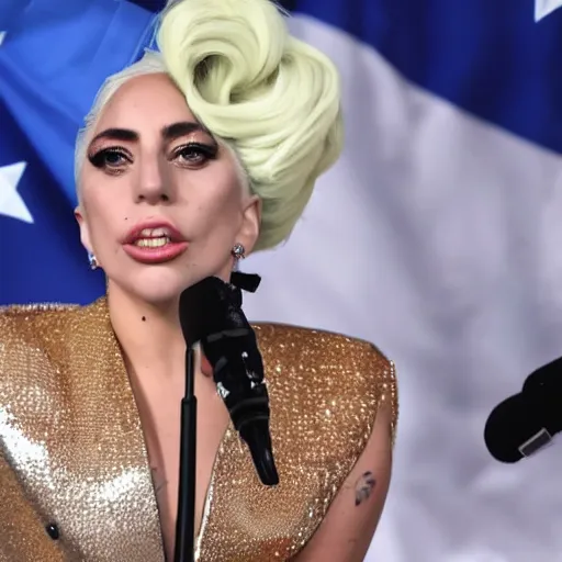 Image similar to Lady Gaga as president, Argentina presidential rally, Argentine flags behind, bokeh, giving a speech, detailed face, Argentina