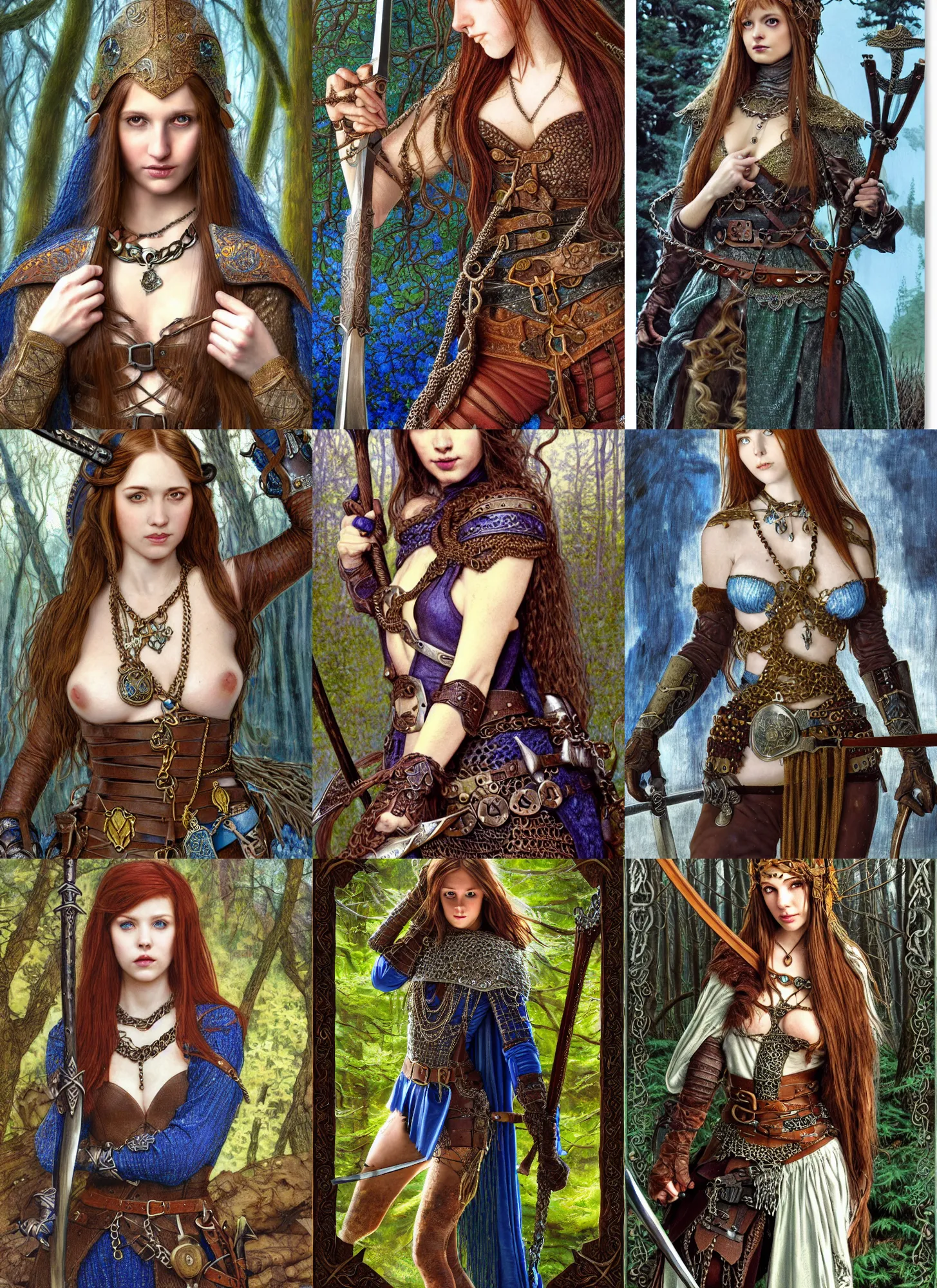 Prompt: detail body portrait of pretty girl chain mail in the grim forest, elf, long weaving brown hair, blue surcoat, illustration, female, middle age, scabbard, shield, round sapphire necklace, leather gloves, wide belt, celshading, 5 1 s, oil paint, sharp focus, intricate, looks right by artgerm, mucha, bougueruau