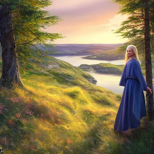Prompt: blonde female jedi, Swedish countryside, landscape view, archipelago, freedom, dawn, sunrise, beautiful, by Vladimir Volegov, artstation