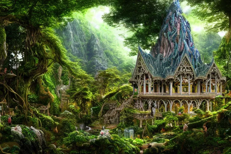 Image similar to a beautiful and highly detailed digital painting of a crystal temple in lush forest in the mountains of rivendell, psychedelic, celtic, intricate details, epic scale, insanely complex, 8 k, sharp focus, photorealism, artstation, cgsociety, by caspar friedrich, albert bierstadt, james gurney, brian froud,