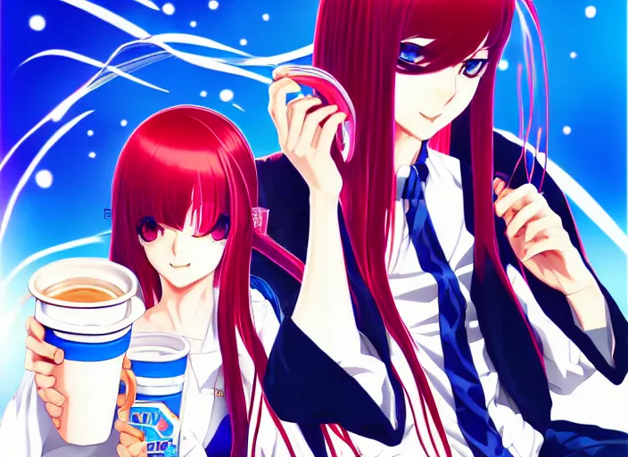 Image similar to anime KOF Kula Diamond drinking coffee, Karolis Strautniekas,omoide emanon, tsuruta kenji, murata range,kawaii, kyoto animation, manga, intricate, detailed, studio lighting, blue red black, gradation,editorial illustration, matte print, Ilya Kuvshinov