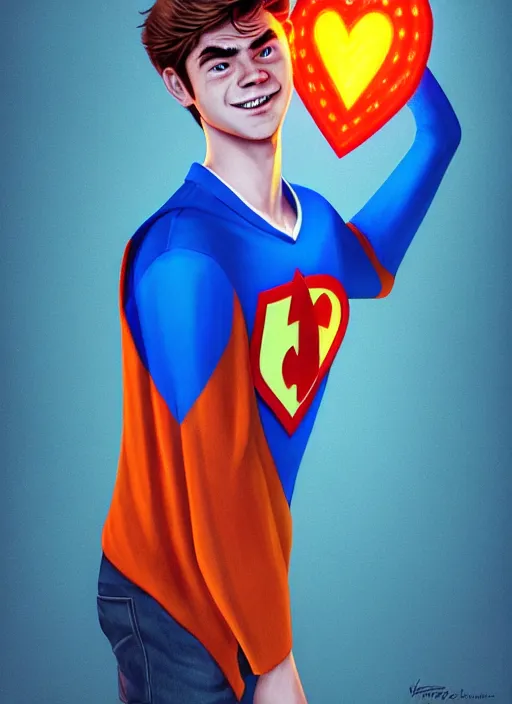 Image similar to friendly teenage archie andrews wearing an orange superhero costume with heart logo, heart, freckles, blue cape, heart emblem on chest, blue cape, intricate, elegant, glowing lights, highly detailed, digital painting, artstation, sharp focus, illustration, art by wlop, mars ravelo and greg rutkowski