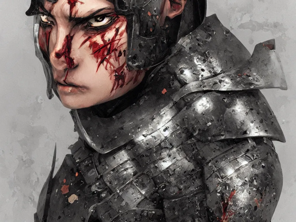 Image similar to close up of a wounded samurai in full armor, by fiona staples and range murata