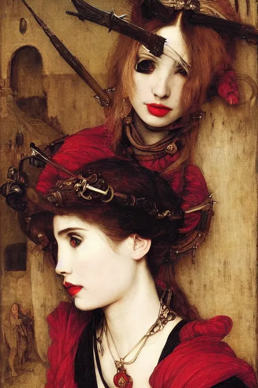 Image similar to emma roberts as a bandit queen, goddes of the vampires, red silk dress, bloodshot eyes by edgar maxence and caravaggio and michael whelan and delacroix