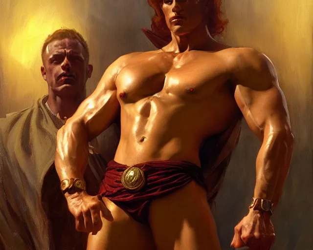 Image similar to muscular magician man, casting dark magic, summoning handsome devil. highly detailed painting by gaston bussiere, craig mullins, j. c. leyendecker, tom of finland, 8 k