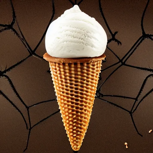 Image similar to detailed photograph of a levitating ice cream cone covered in hairy - legged brown recluse spiders