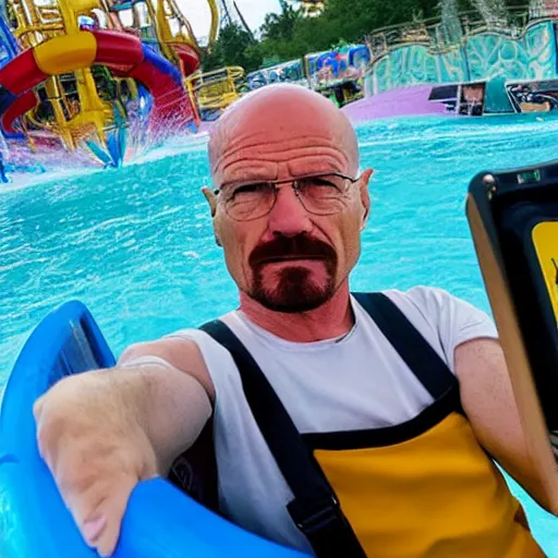 Prompt: Walter White selfie on water Park ride amusement Park