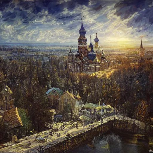 Prompt: photo beautiful magical ancient Slavic Russian city of Kitezh, fisheye lens, painting by Viktor Vasnetsov, concept art, magical city, fantasy cityscape, ancient Slavs, wooden buildings, ancient Russian architecture, terem, hyperborea, top cinematic lighting , cinematic mood, very detailed, 8k, high resolution, trending on artstation,