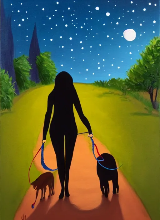 Image similar to young brown woman walking her dog in a park at night with a full moon, acrylic painting, fantasy