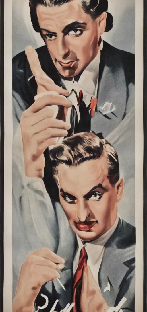 Prompt: portrait of a glamorous man with upset gesture, 1940s propaganda poster, full hd,highly detailed