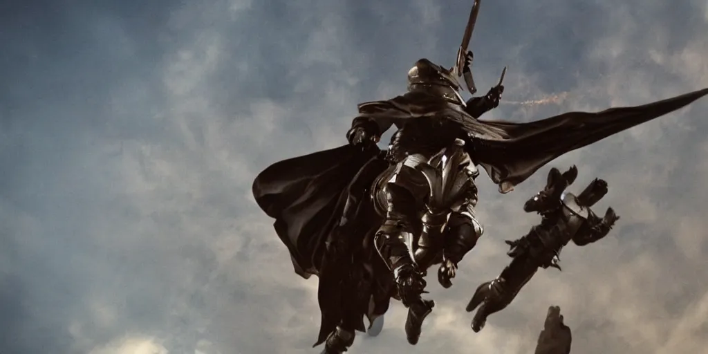 Prompt: a movie scene with The Knight’s Templar flying, low angle shot